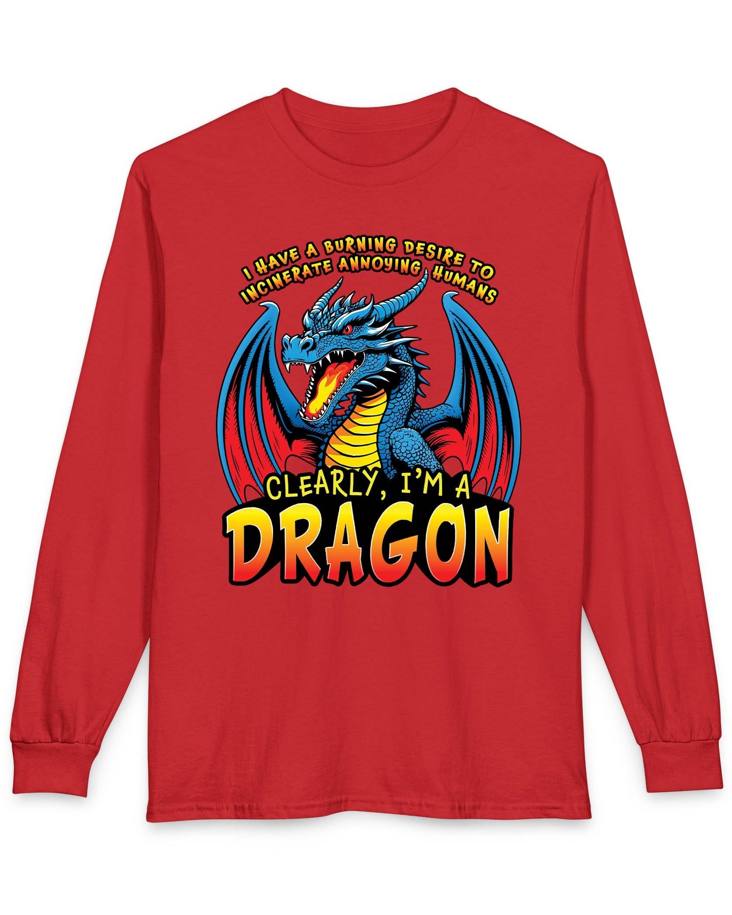 Clearly I'm a Dragon shirt in red featuring a fiery blue dragon with bold comic-style lettering.
