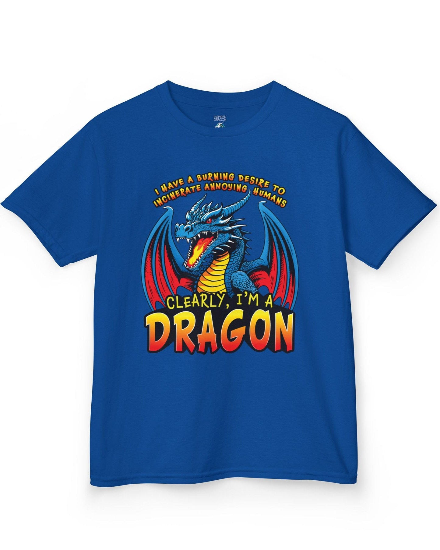 Clearly I'm a Dragon shirt in royal blue featuring a fiery blue dragon with bold comic-style lettering.