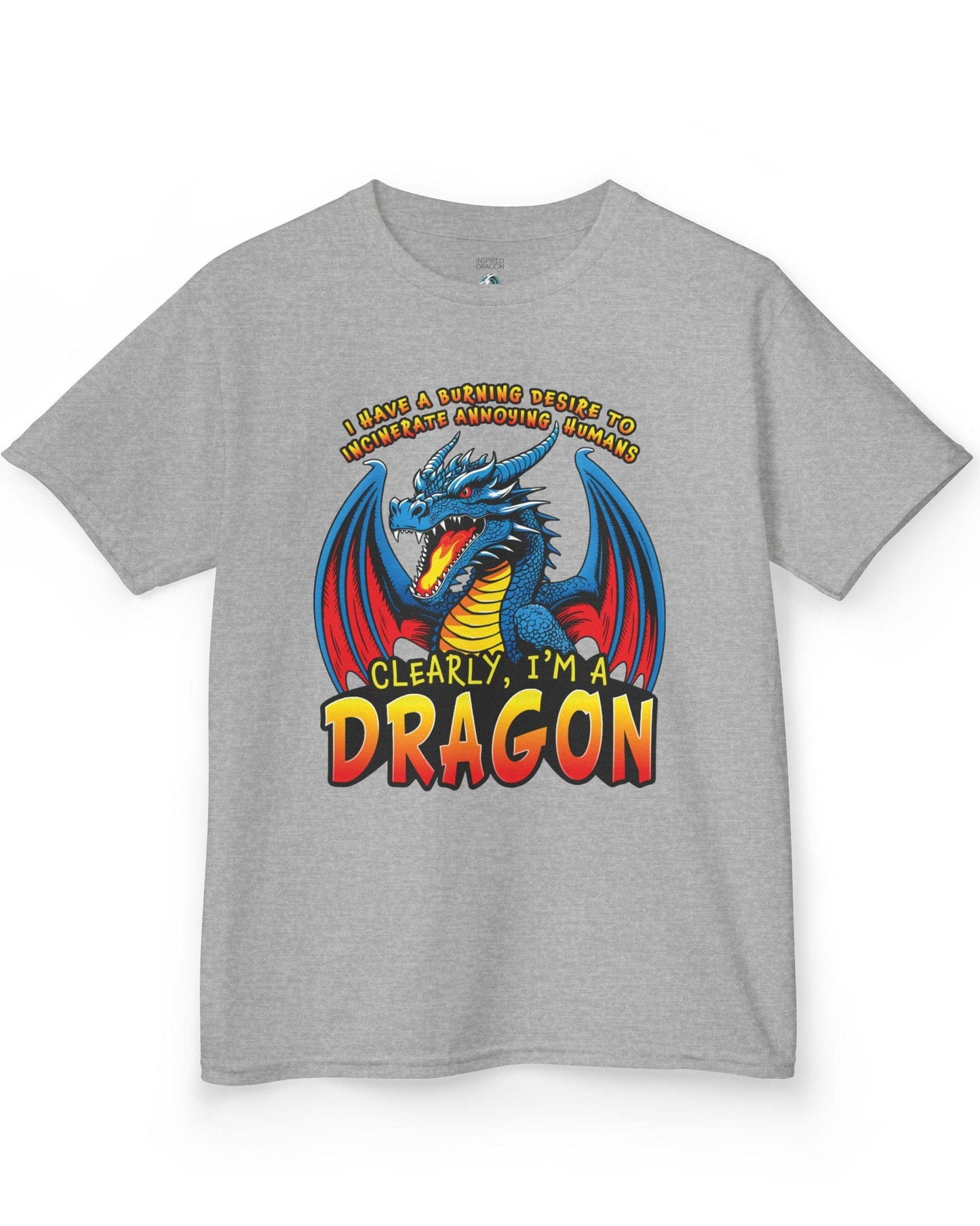 Clearly I'm a Dragon shirt in sport grey featuring a fiery blue dragon with bold comic-style lettering.