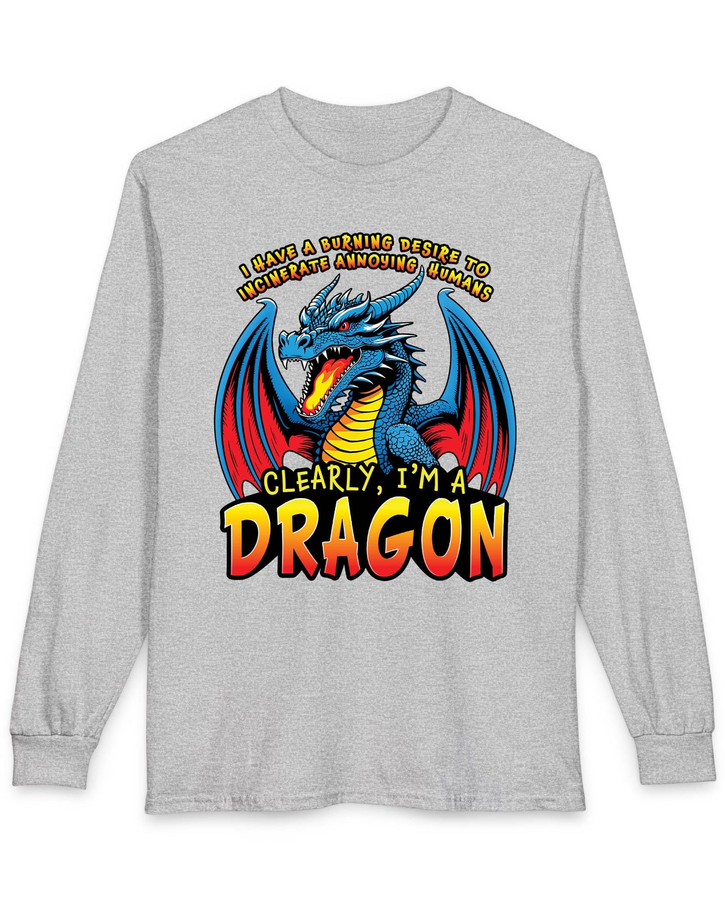 Clearly I'm a Dragon shirt in sport grey featuring a fiery blue dragon with bold comic-style lettering.