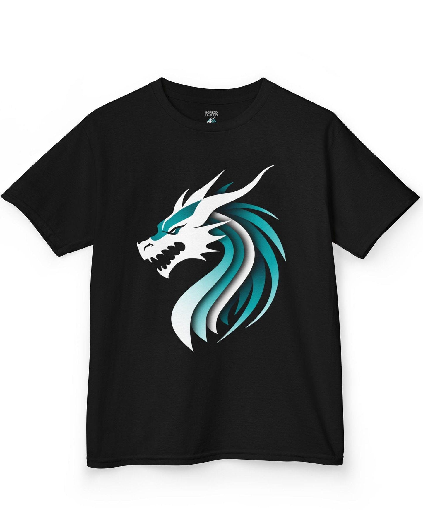 Inspired Dragon Shirt in black with the teal-and-white Inspired Dragon logo, bold lines, and a sleek modern design