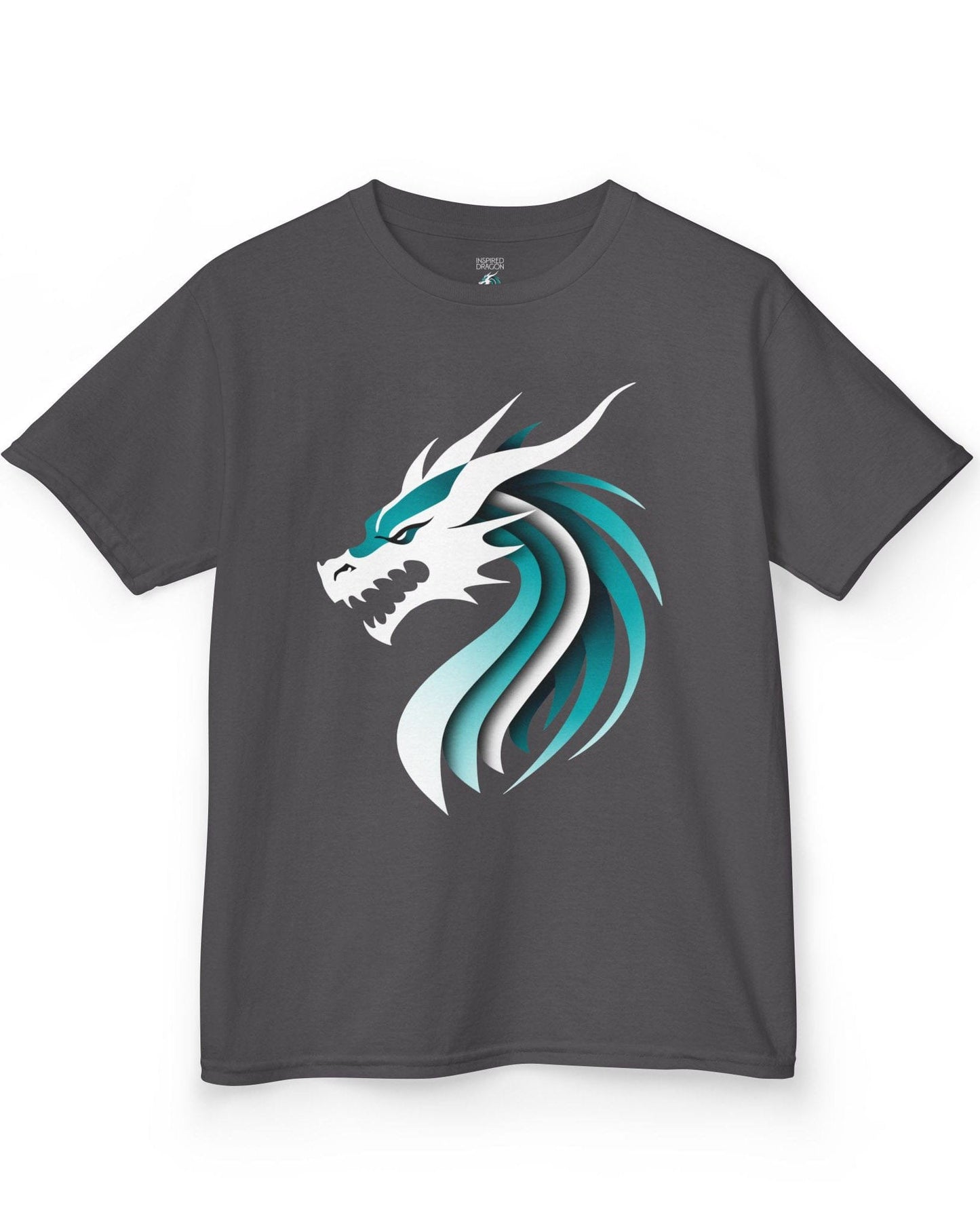 Inspired Dragon Shirt in charcoal with the teal-and-white Inspired Dragon logo, bold lines, and a sleek modern design