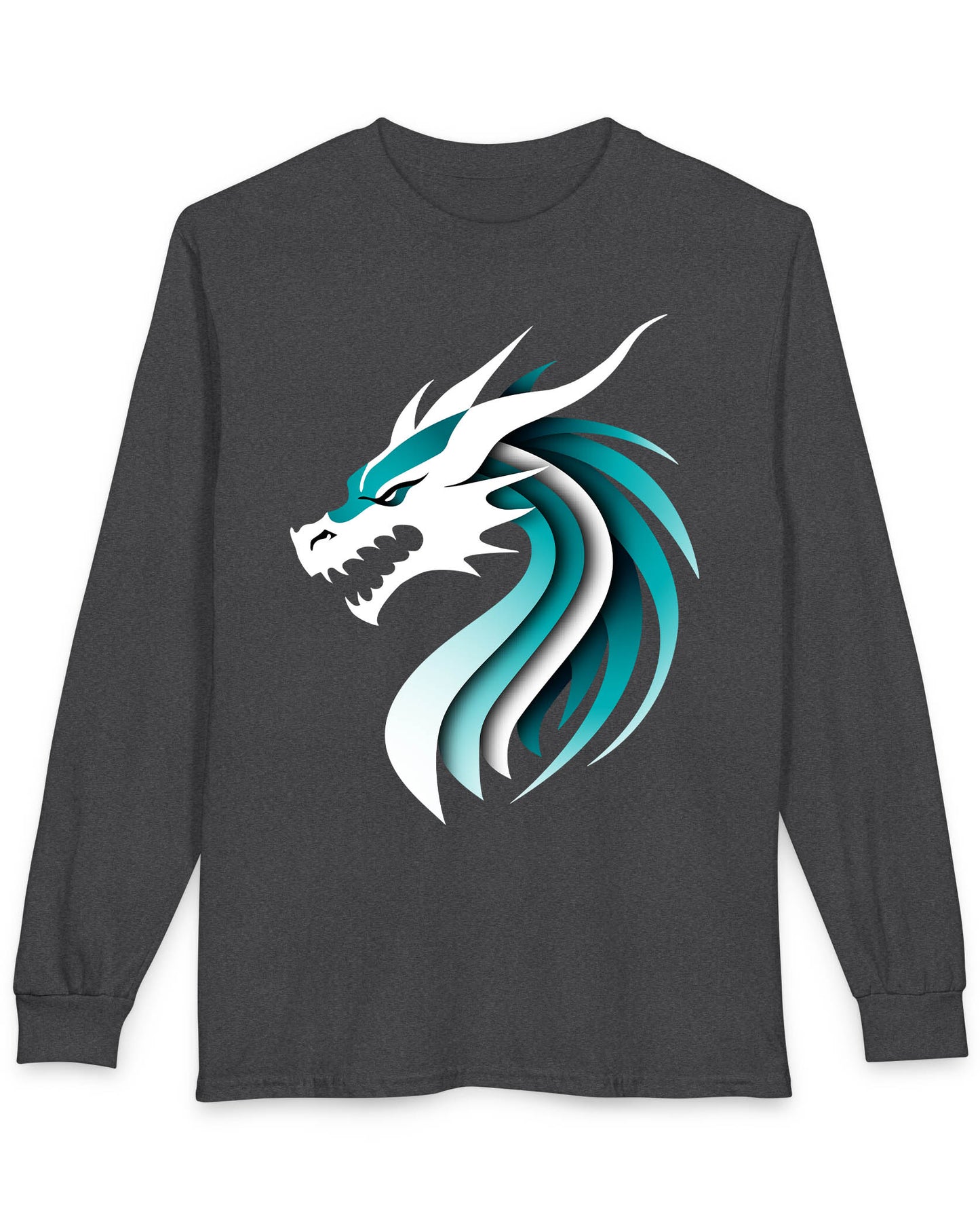 Inspired Dragon Shirt in dark heather with the teal-and-white Inspired Dragon logo, bold lines, and a sleek modern design