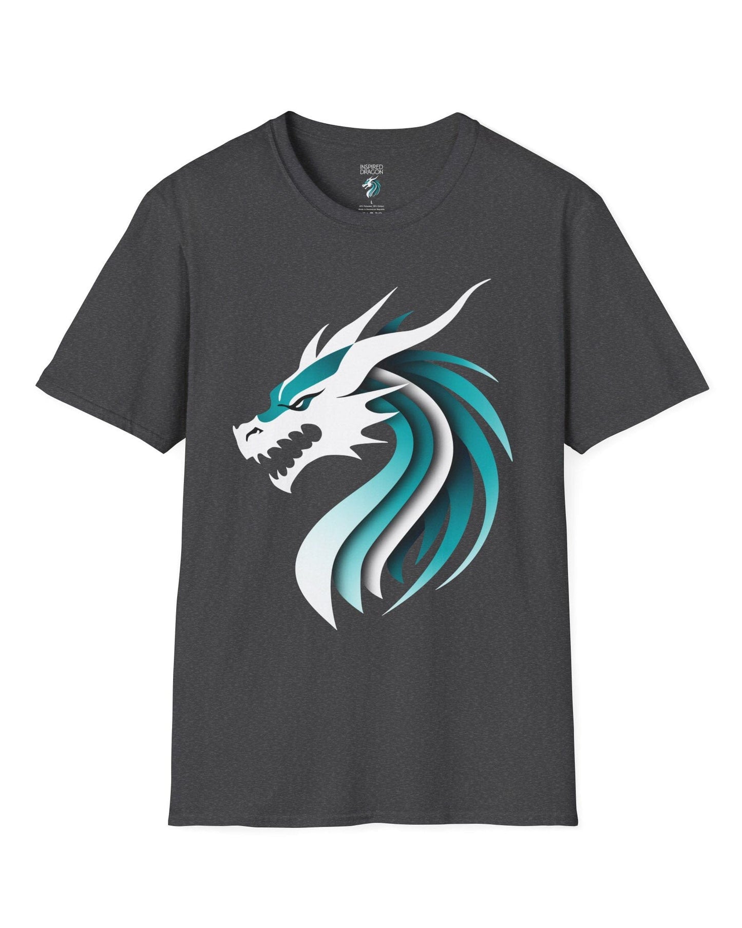Inspired Dragon Shirt in dark heather with the teal-and-white Inspired Dragon logo, bold lines, and a sleek modern design.
