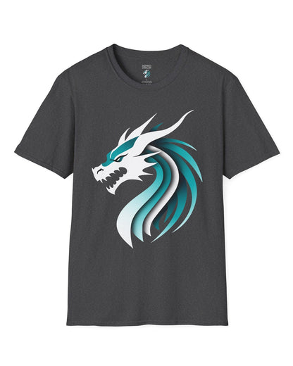 Inspired Dragon Shirt in dark heather with the teal-and-white Inspired Dragon logo, bold lines, and a sleek modern design.
