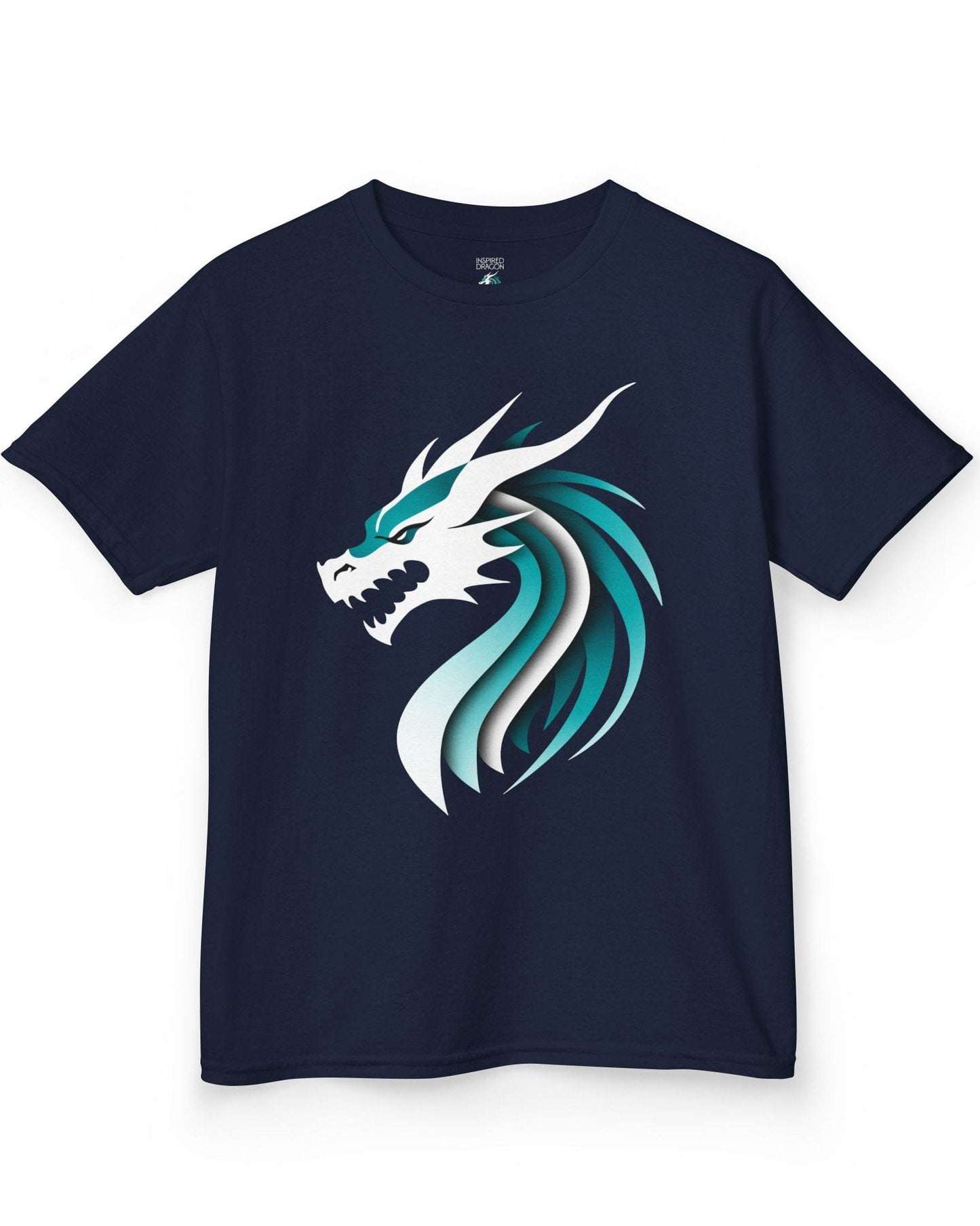 Inspired Dragon Shirt in navy with the teal-and-white Inspired Dragon logo, bold lines, and a sleek modern design