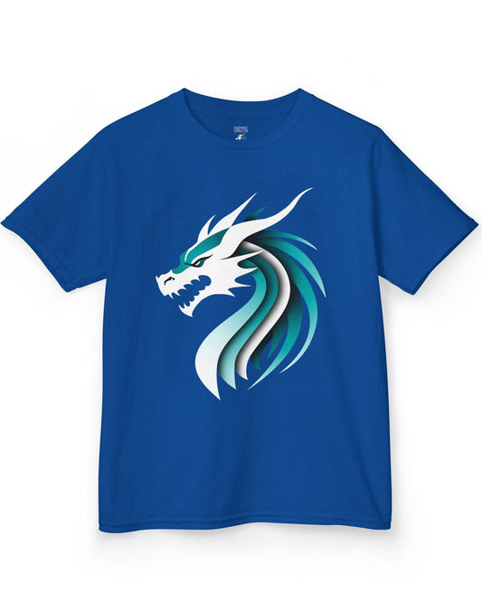 Inspired Dragon Shirt in royal blue with the teal-and-white Inspired Dragon logo, bold lines, and a sleek modern design