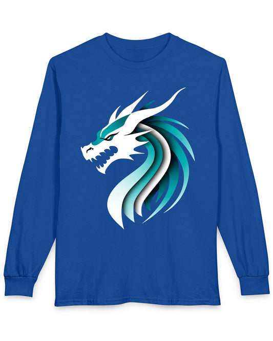 Inspired Dragon Shirt in royal blue with the teal-and-white Inspired Dragon logo, bold lines, and a sleek modern design