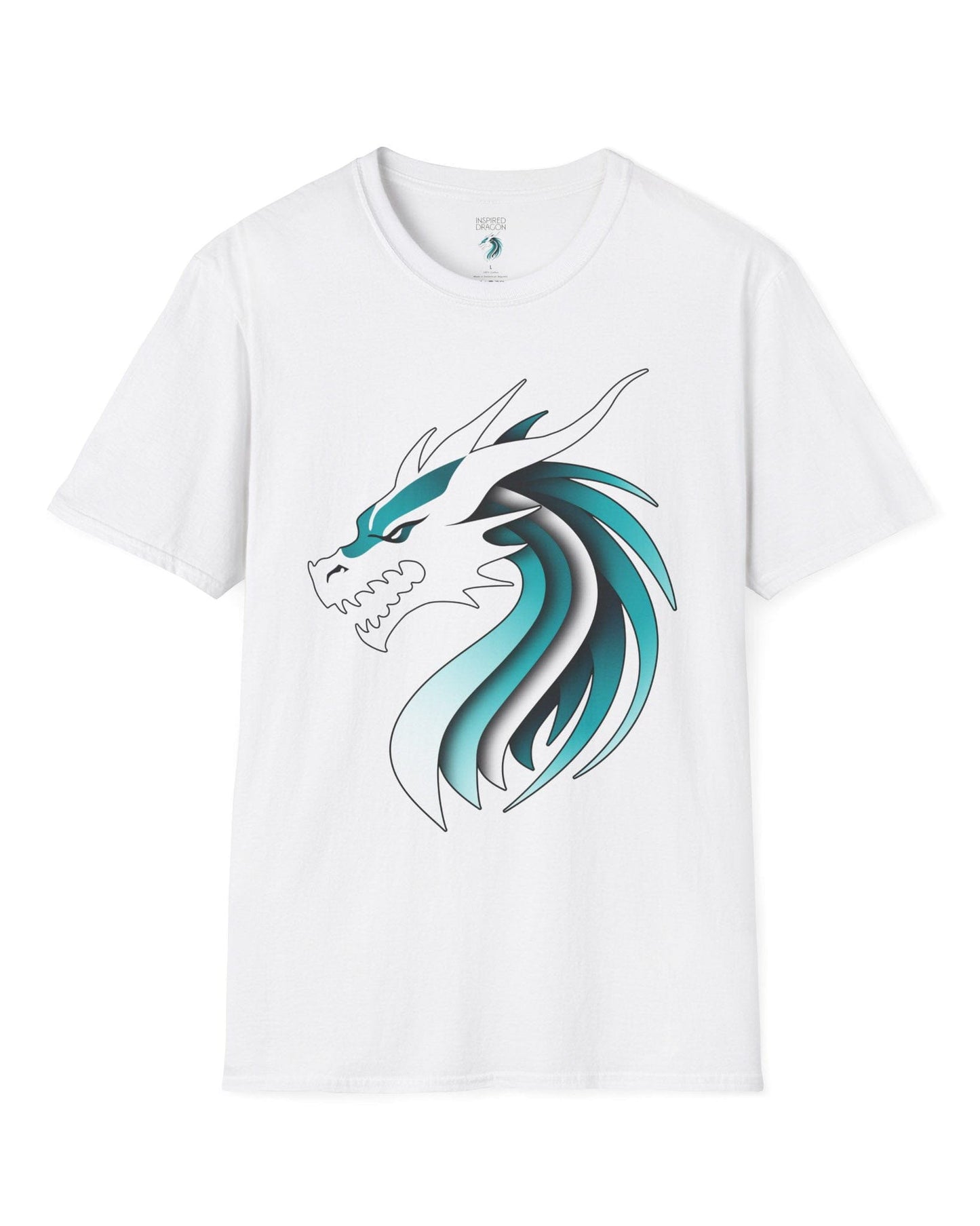 Inspired Dragon Shirt in white with the teal-and-white Inspired Dragon logo, bold lines, and a sleek modern design.

