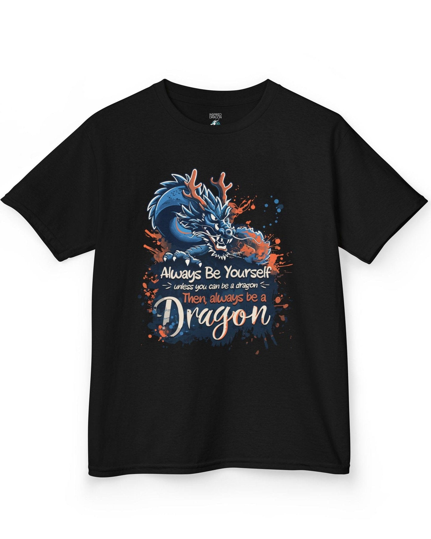 Always Be Yourself Unless You Can Be a Dragon t-shirt in black featuring an Eastern dragon with antlers.