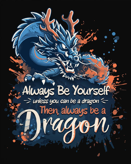 Always Be Yourself Unless You Can Be a Dragon t-shirt in black featuring an Eastern dragon with antlers.