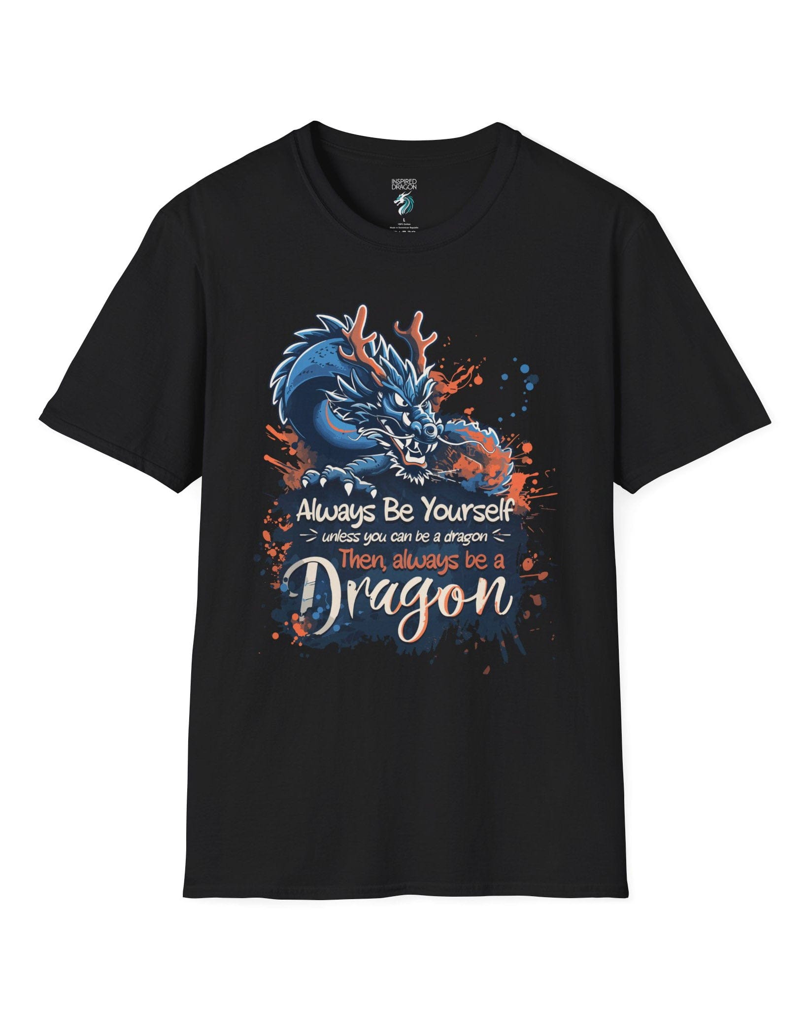 Always Be Yourself Unless You Can Be a Dragon t-shirt in black featuring an Eastern dragon with antlers.
