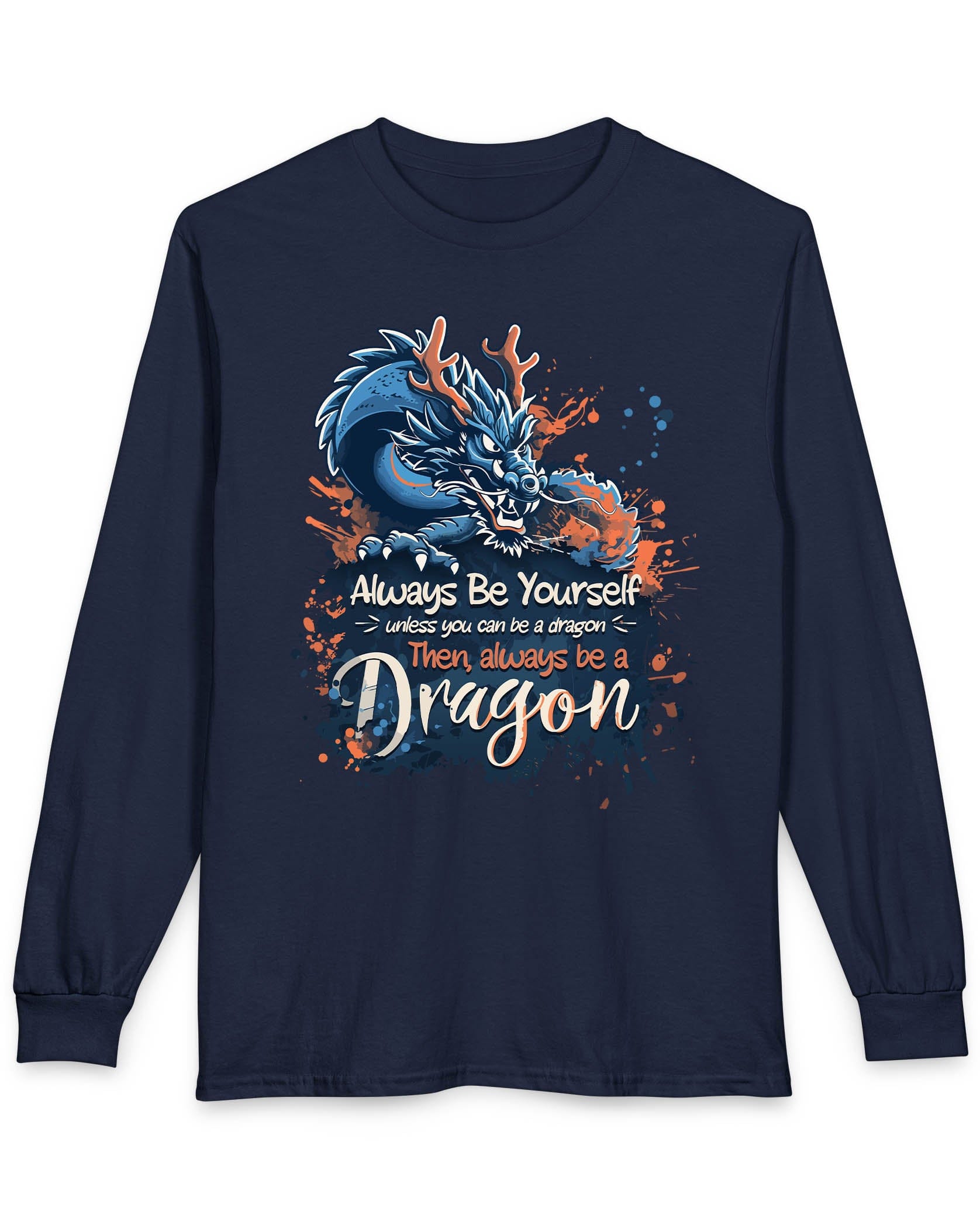 Always Be Yourself Unless You Can Be a Dragon t-shirt in navy featuring an Eastern dragon with antlers.