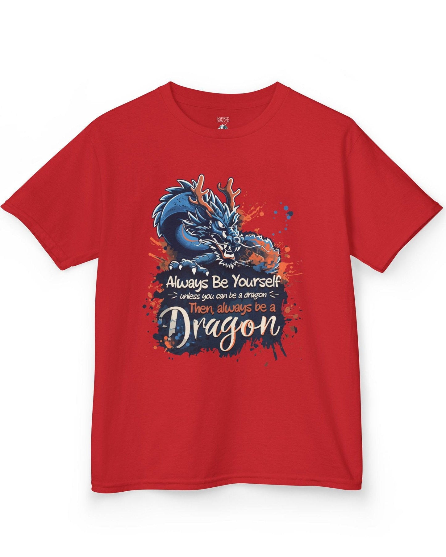 Always Be Yourself Unless You Can Be a Dragon t-shirt in red featuring an Eastern dragon with antlers.