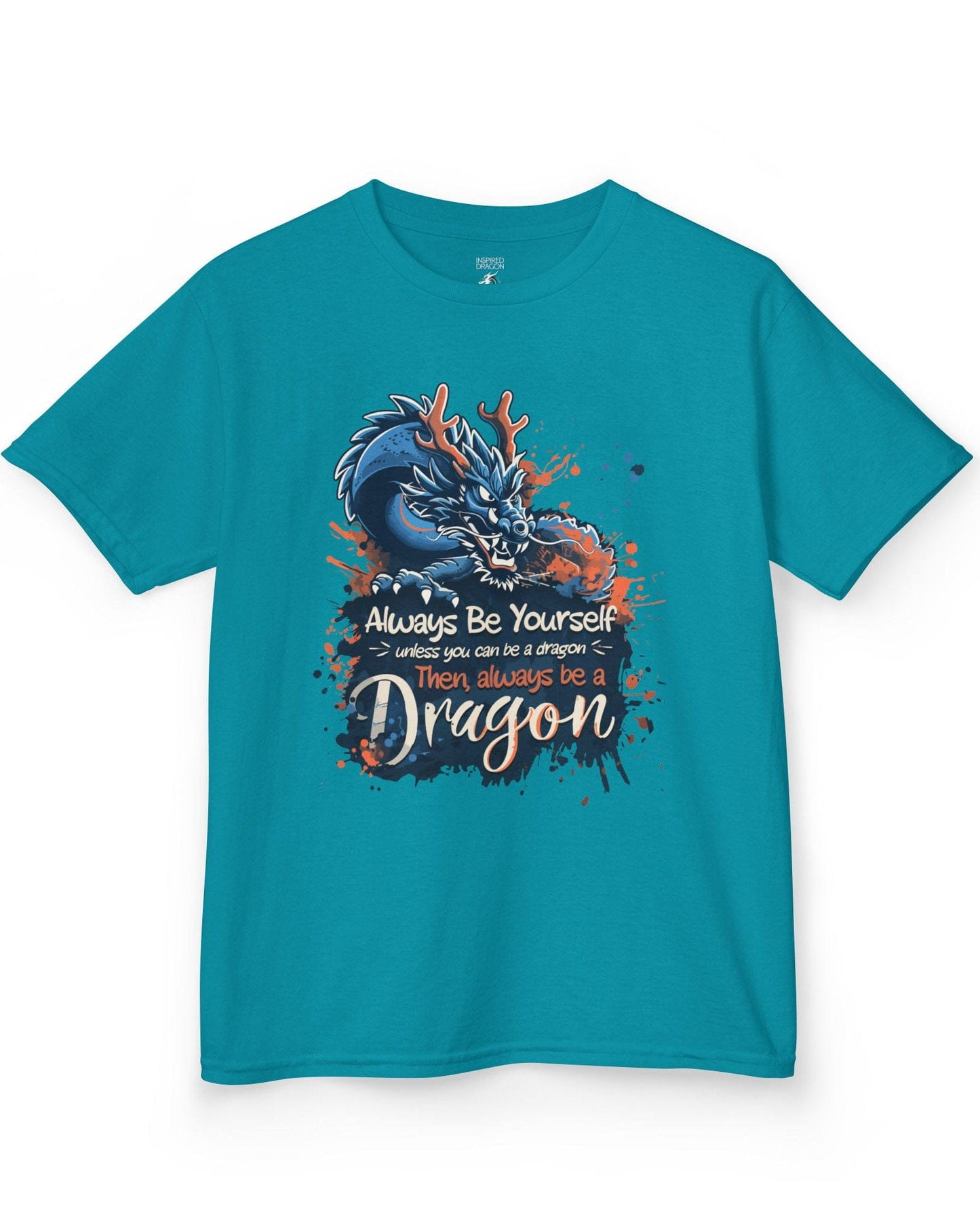 Always Be Yourself Unless You Can Be a Dragon t-shirt in tropical blue featuring an Eastern dragon with antlers.