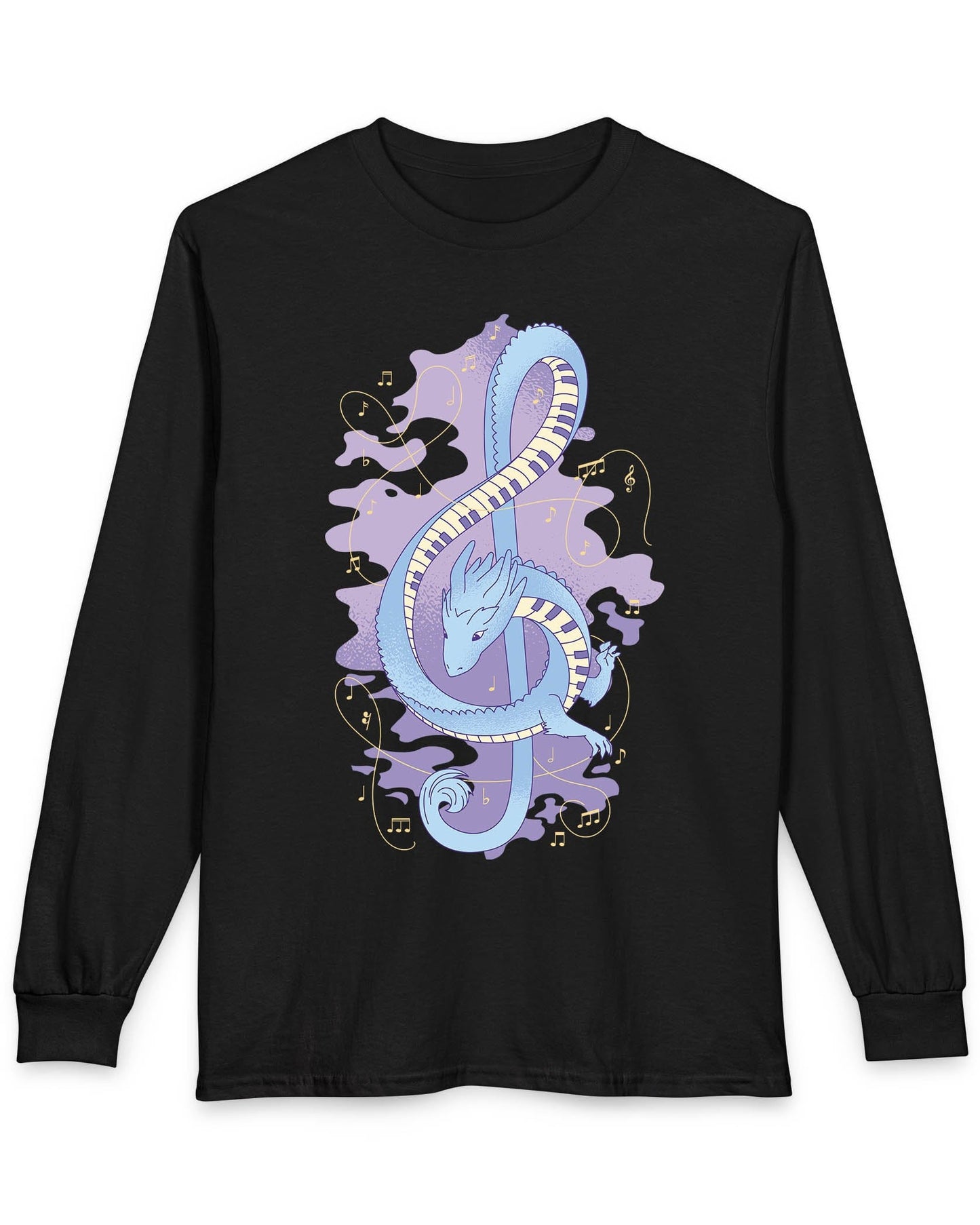 Musical Dragon shirt in black featuring a dragon shaped as a treble clef with piano key scales and musical notes.