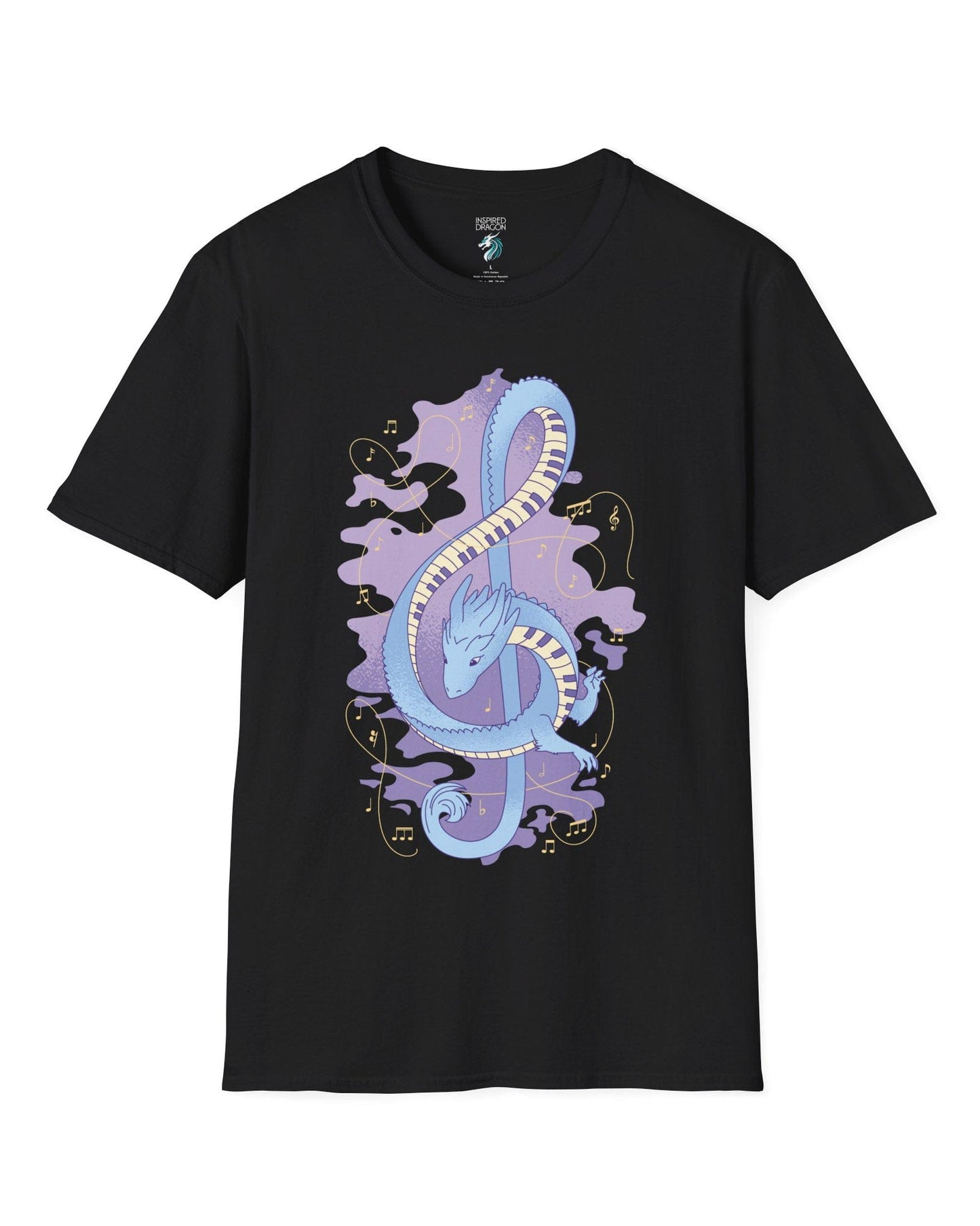 Musical Dragon shirt in black featuring a dragon shaped as a treble clef with piano key scales and musical notes.
