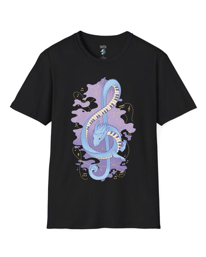 Musical Dragon shirt in black featuring a dragon shaped as a treble clef with piano key scales and musical notes.
