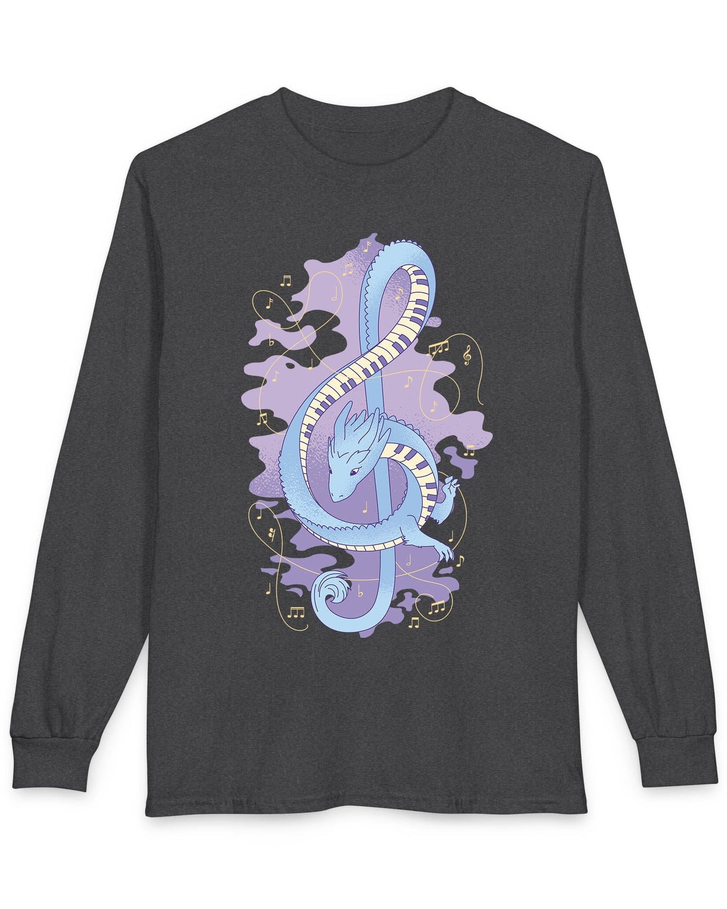 Musical Dragon shirt in dark heather grey featuring a dragon shaped as a treble clef with piano key scales and musical notes.