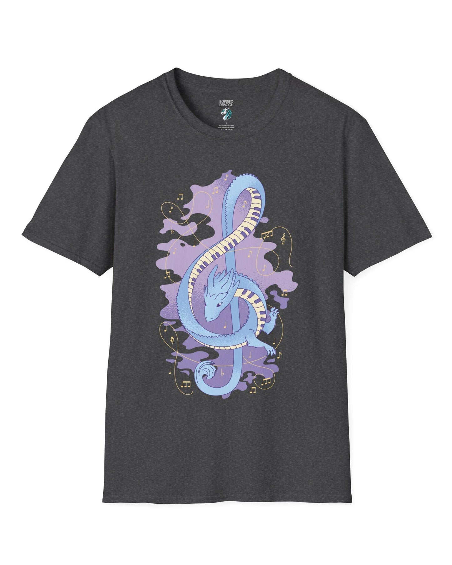 Musical Dragon shirt in dark heather featuring a dragon shaped as a treble clef with piano key scales and musical notes.

