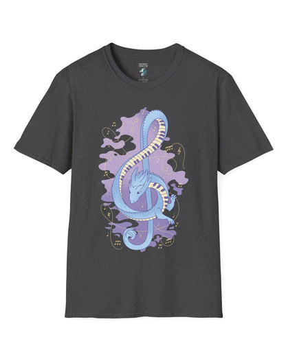 Musical Dragon shirt in dark heather featuring a dragon shaped as a treble clef with piano key scales and musical notes.
