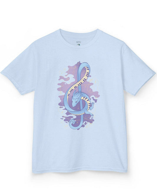 Musical Dragon shirt in light blue featuring a dragon shaped as a treble clef with piano key scales and musical notes.