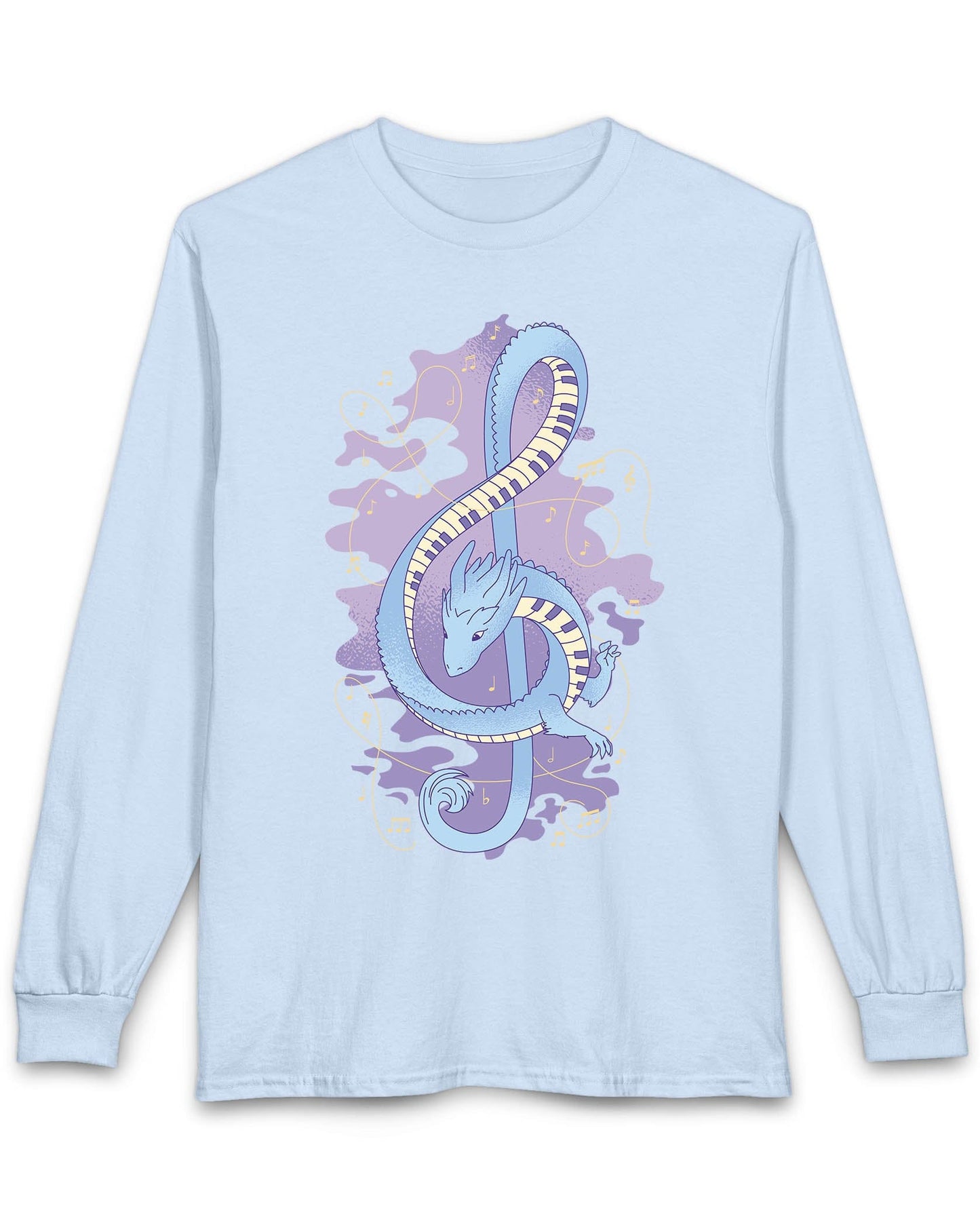 Musical Dragon shirt in light blue featuring a dragon shaped as a treble clef with piano key scales and musical notes.