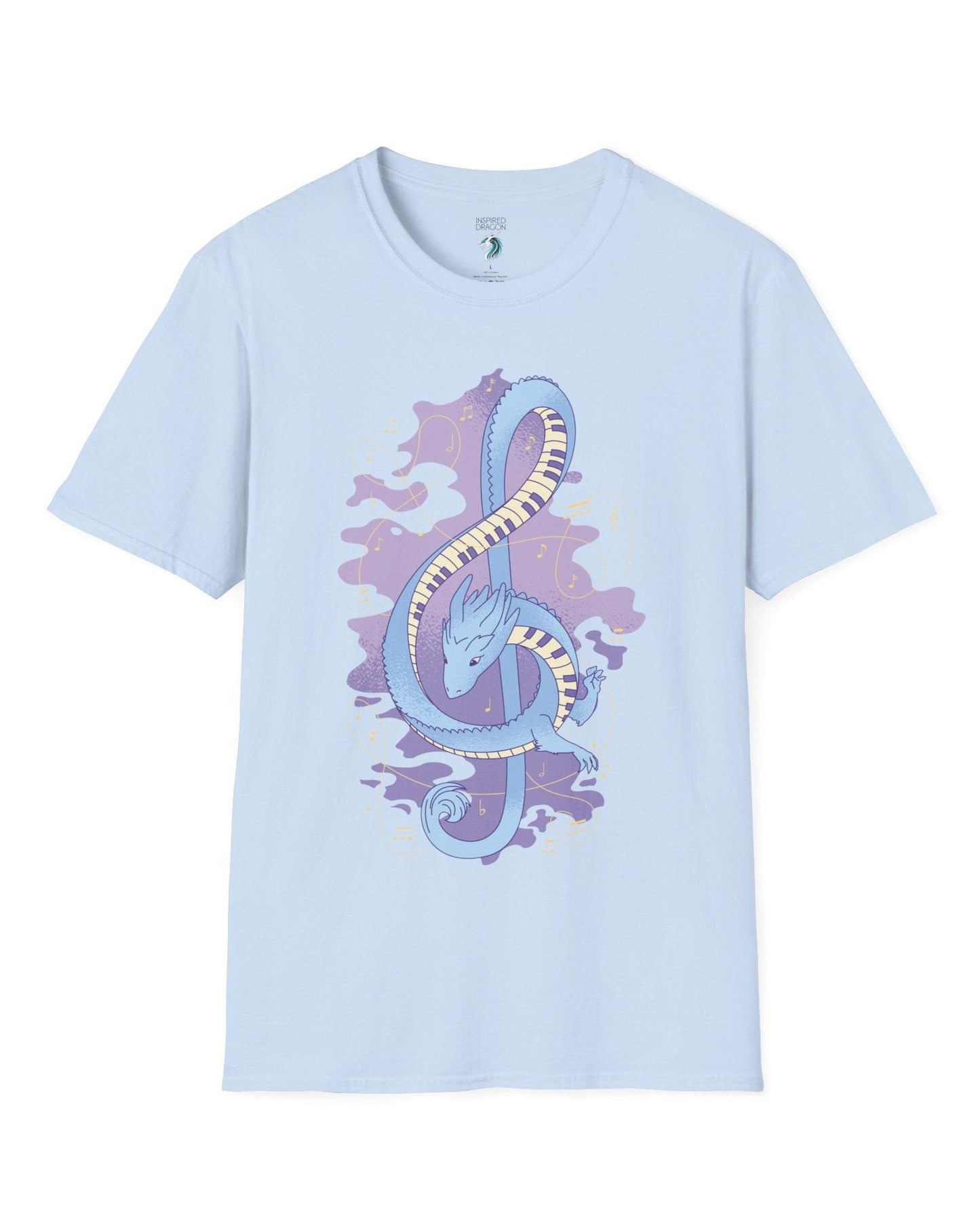 Musical Dragon shirt in light blue featuring a dragon shaped as a treble clef with piano key scales and musical notes.
