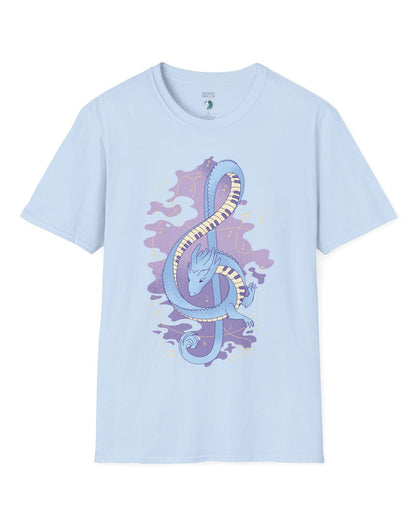 Musical Dragon shirt in light blue featuring a dragon shaped as a treble clef with piano key scales and musical notes.
