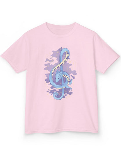 Musical Dragon shirt in light pink featuring a dragon shaped as a treble clef with piano key scales and musical notes.