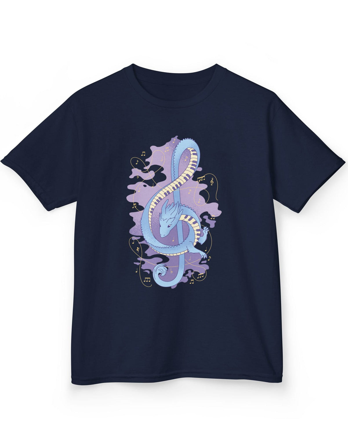 Musical Dragon shirt in navy featuring a dragon shaped as a treble clef with piano key scales and musical notes.