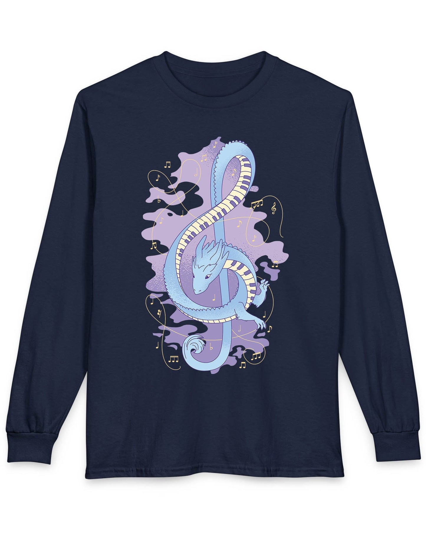 Musical Dragon shirt in navy featuring a dragon shaped as a treble clef with piano key scales and musical notes.