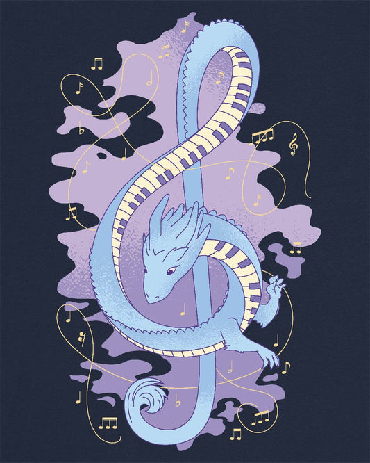 Musical Dragon shirt in navy featuring a dragon shaped as a treble clef with piano key scales and musical notes.