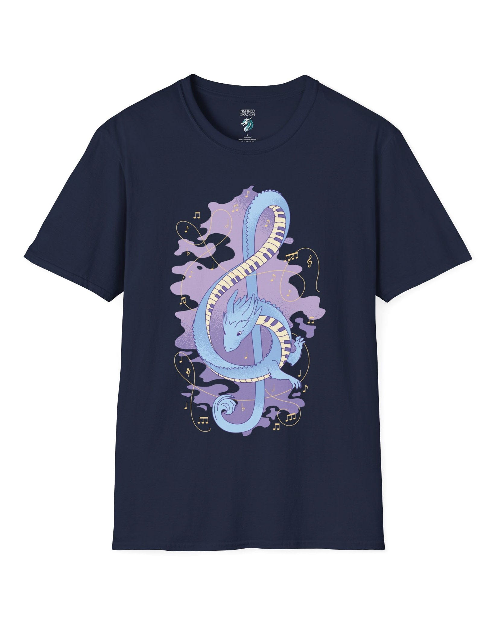 Musical Dragon shirt in navy featuring a dragon shaped as a treble clef with piano key scales and musical notes.

