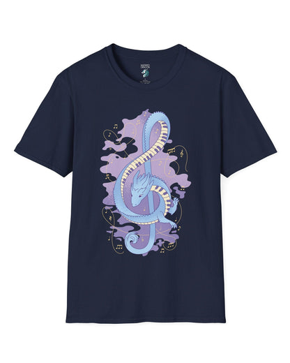 Musical Dragon shirt in navy featuring a dragon shaped as a treble clef with piano key scales and musical notes.
