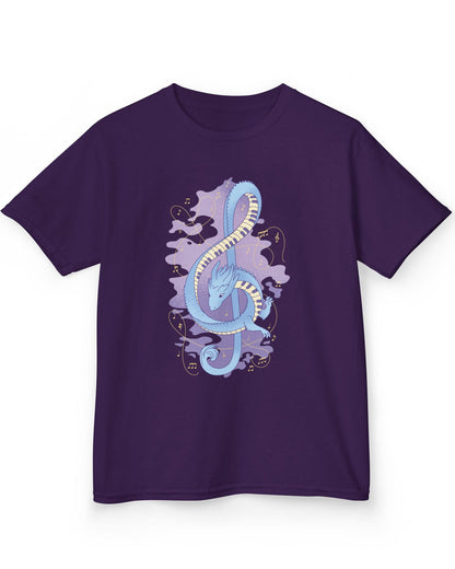 Musical Dragon shirt in purple featuring a dragon shaped as a treble clef with piano key scales and musical notes.