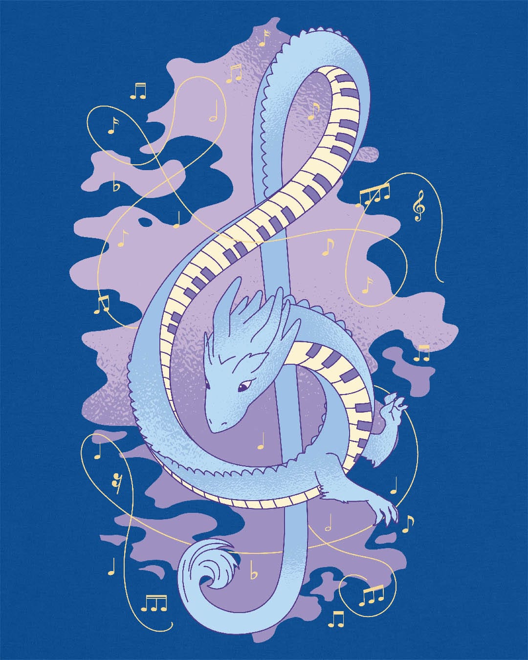 Musical Dragon shirt in royal blue featuring a dragon shaped as a treble clef with piano key scales and musical notes.
