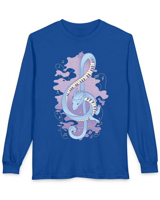 Musical Dragon shirt in royal blue featuring a dragon shaped as a treble clef with piano key scales and musical notes.