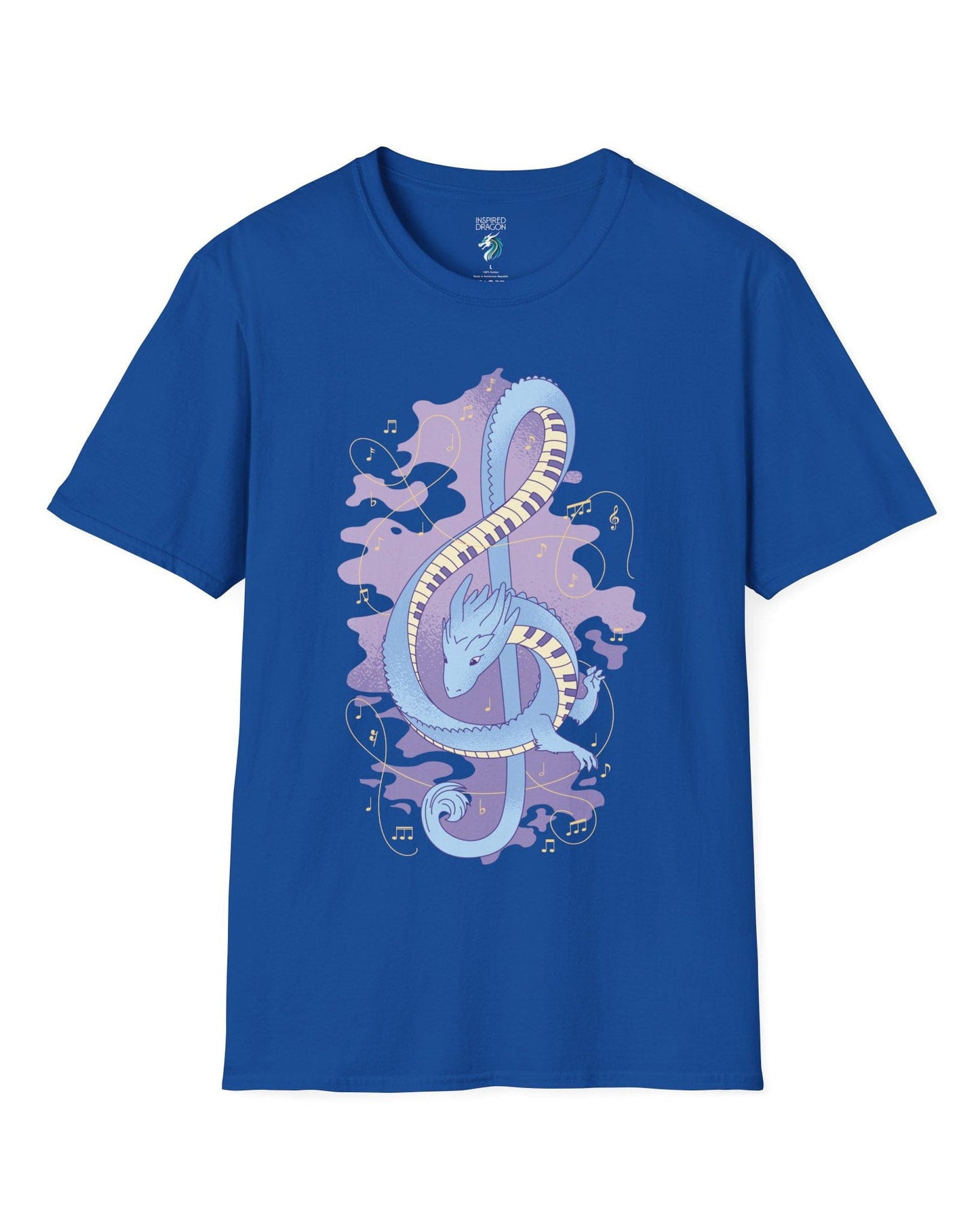 Musical Dragon shirt in royal blue featuring a dragon shaped as a treble clef with piano key scales and musical notes.
