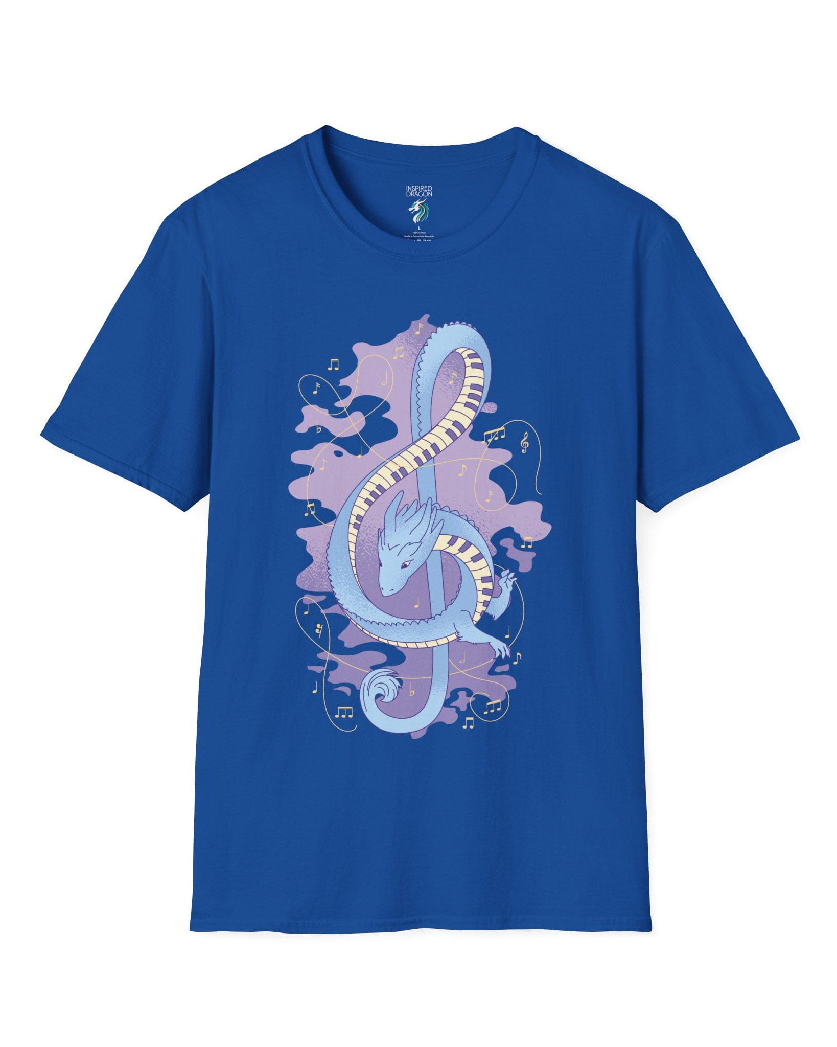 Musical Dragon shirt in royal blue featuring a dragon shaped as a treble clef with piano key scales and musical notes.
