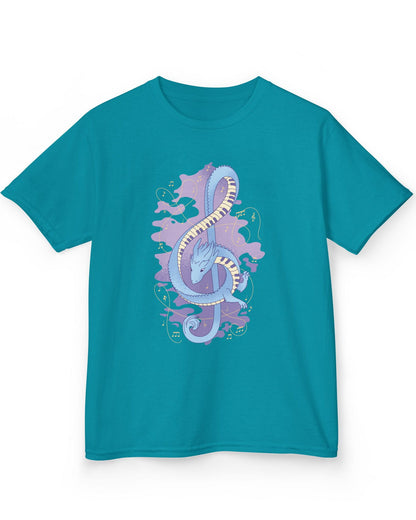 Musical Dragon shirt in tropical blue featuring a dragon shaped as a treble clef with piano key scales and musical notes.