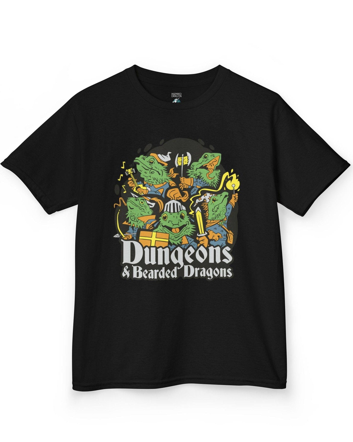 Dungeons & Bearded Dragons shirt in black featuring cartoon bearded dragons dressed as fantasy adventurers