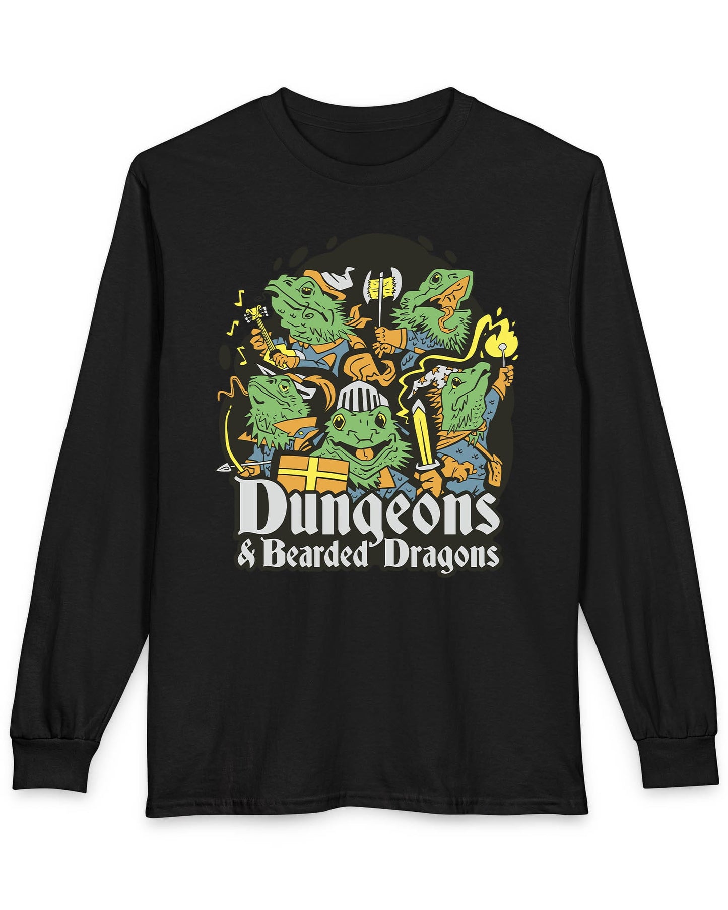 Dungeons & Bearded Dragons shirt in black featuring cartoon bearded dragons dressed as fantasy adventurers