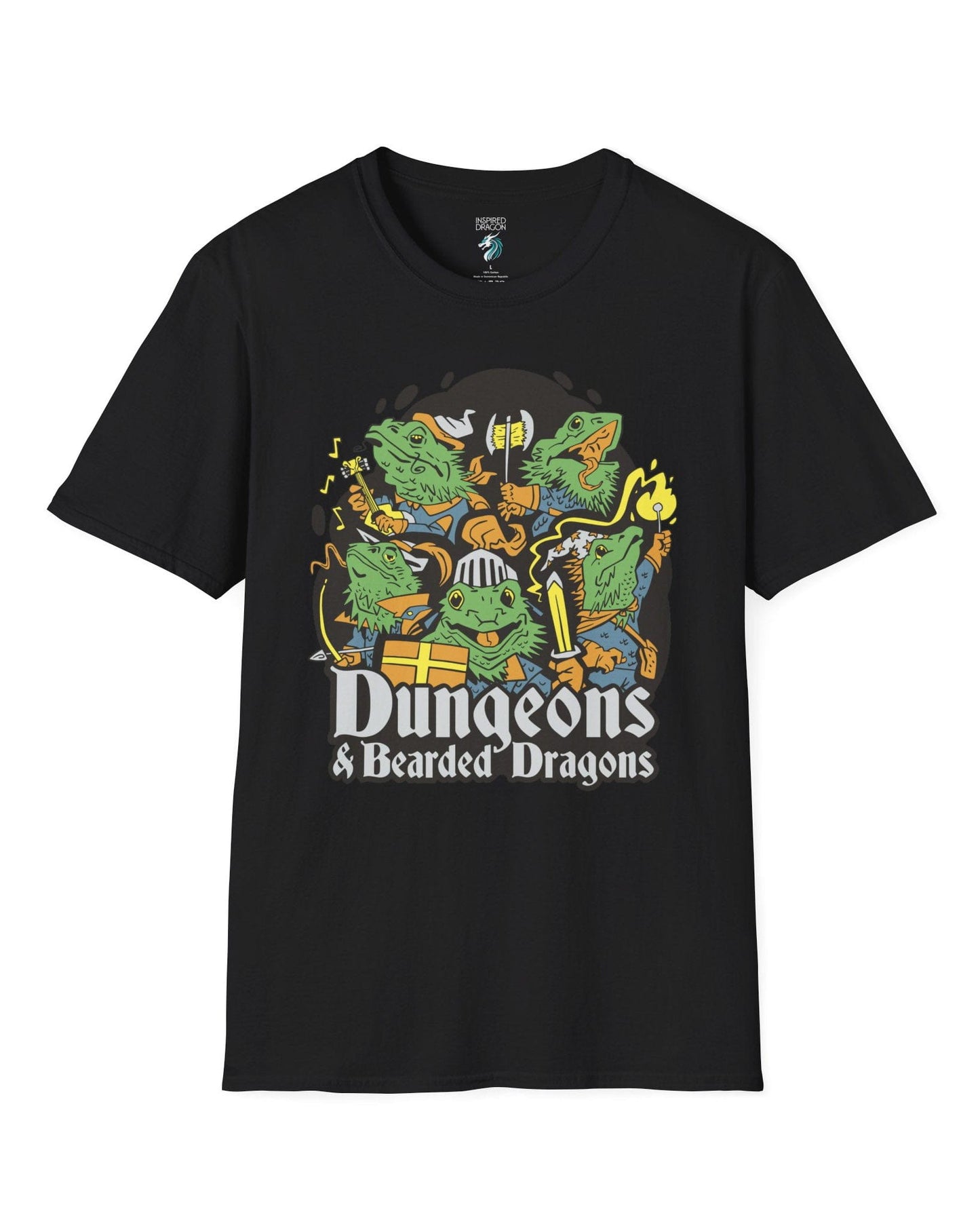 Dungeons & Bearded Dragons shirt in black featuring cartoon bearded dragons dressed as fantasy adventurers.

