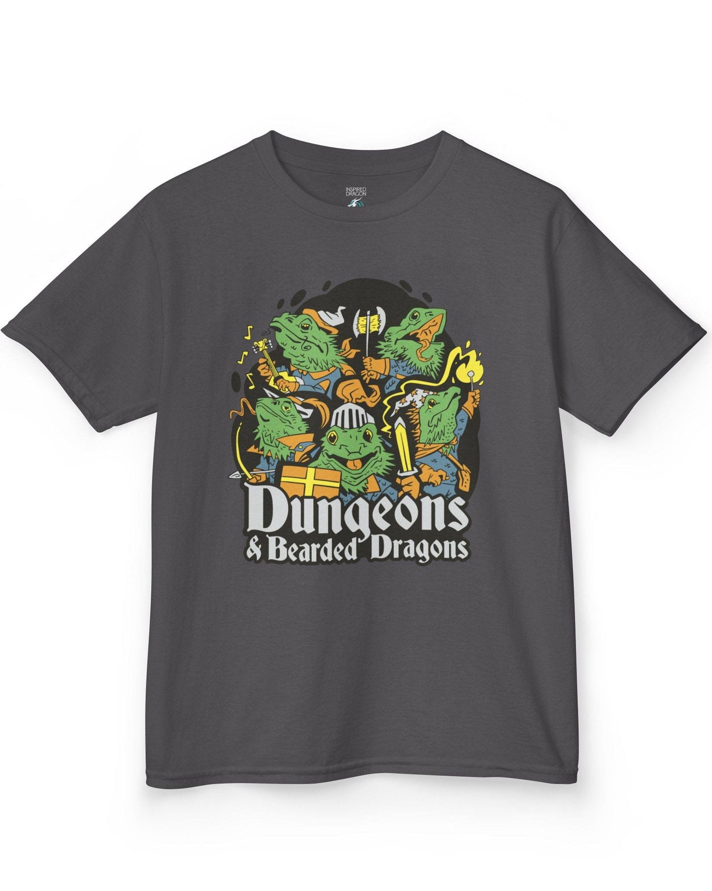 Dungeons & Bearded Dragons shirt in charcoal featuring cartoon bearded dragons dressed as fantasy adventurers