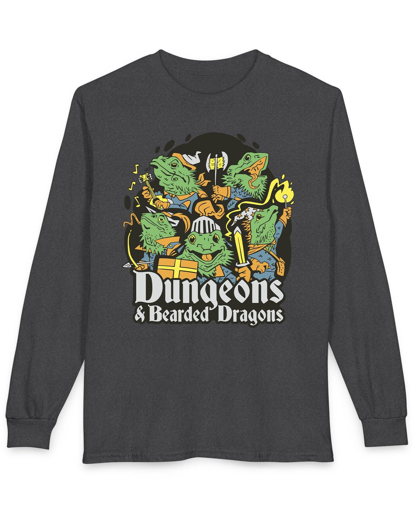 Dungeons & Bearded Dragons shirt in dark heather featuring cartoon bearded dragons dressed as fantasy adventurers
