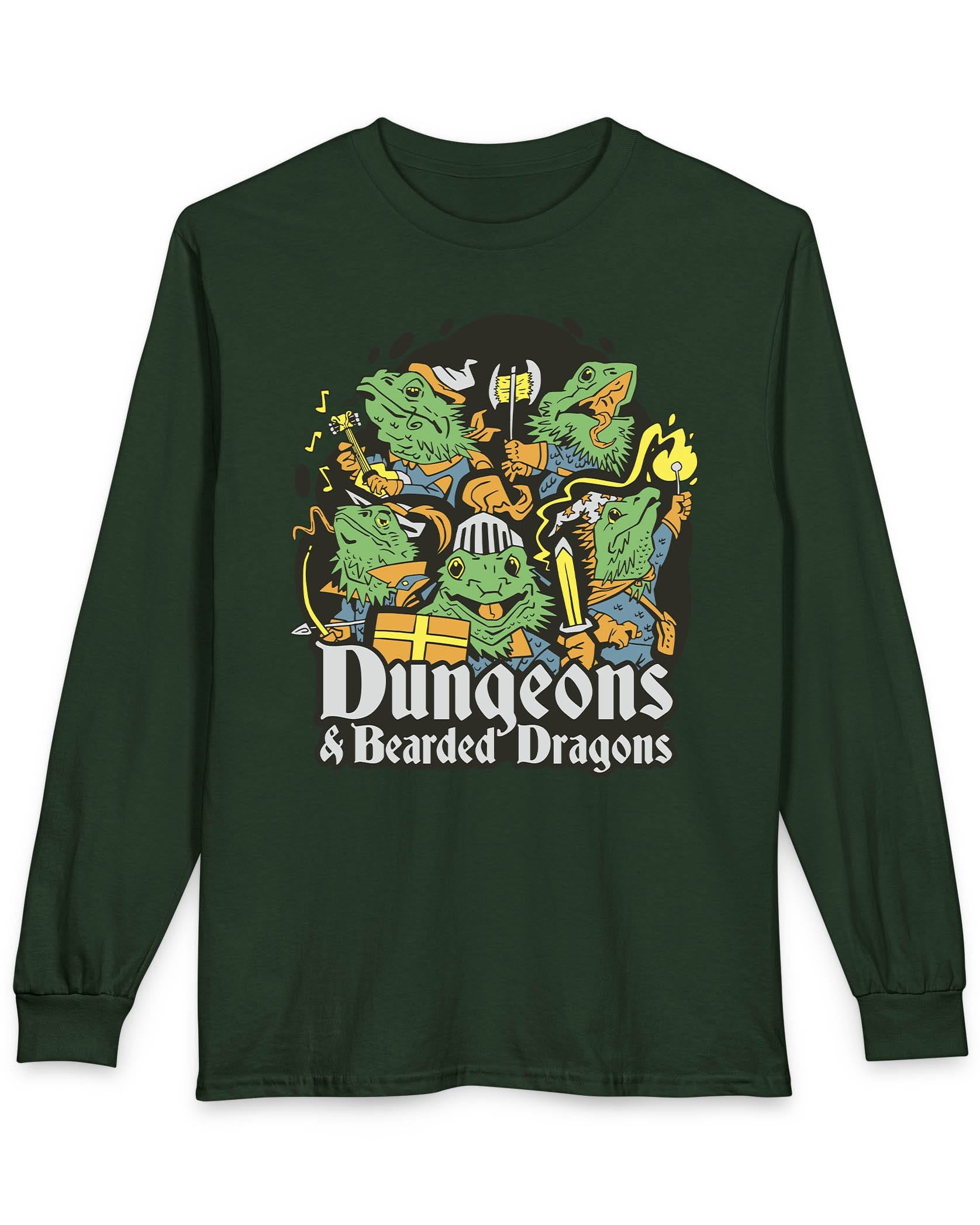 Dungeons & Bearded Dragons shirt in forest green featuring cartoon bearded dragons dressed as fantasy adventurers