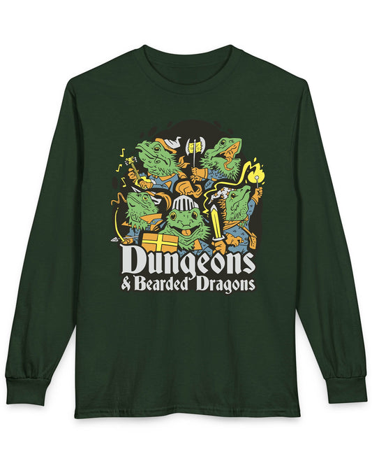 Dungeons & Bearded Dragons shirt in forest green featuring cartoon bearded dragons dressed as fantasy adventurers