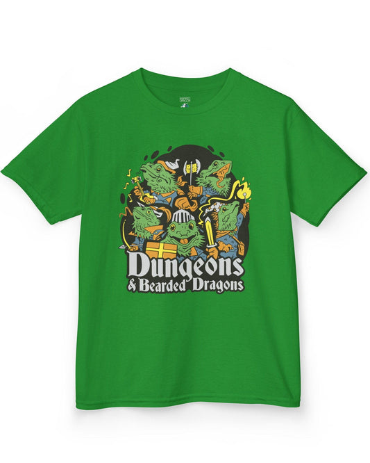 Dungeons & Bearded Dragons shirt in Irish green featuring cartoon bearded dragons dressed as fantasy adventurers