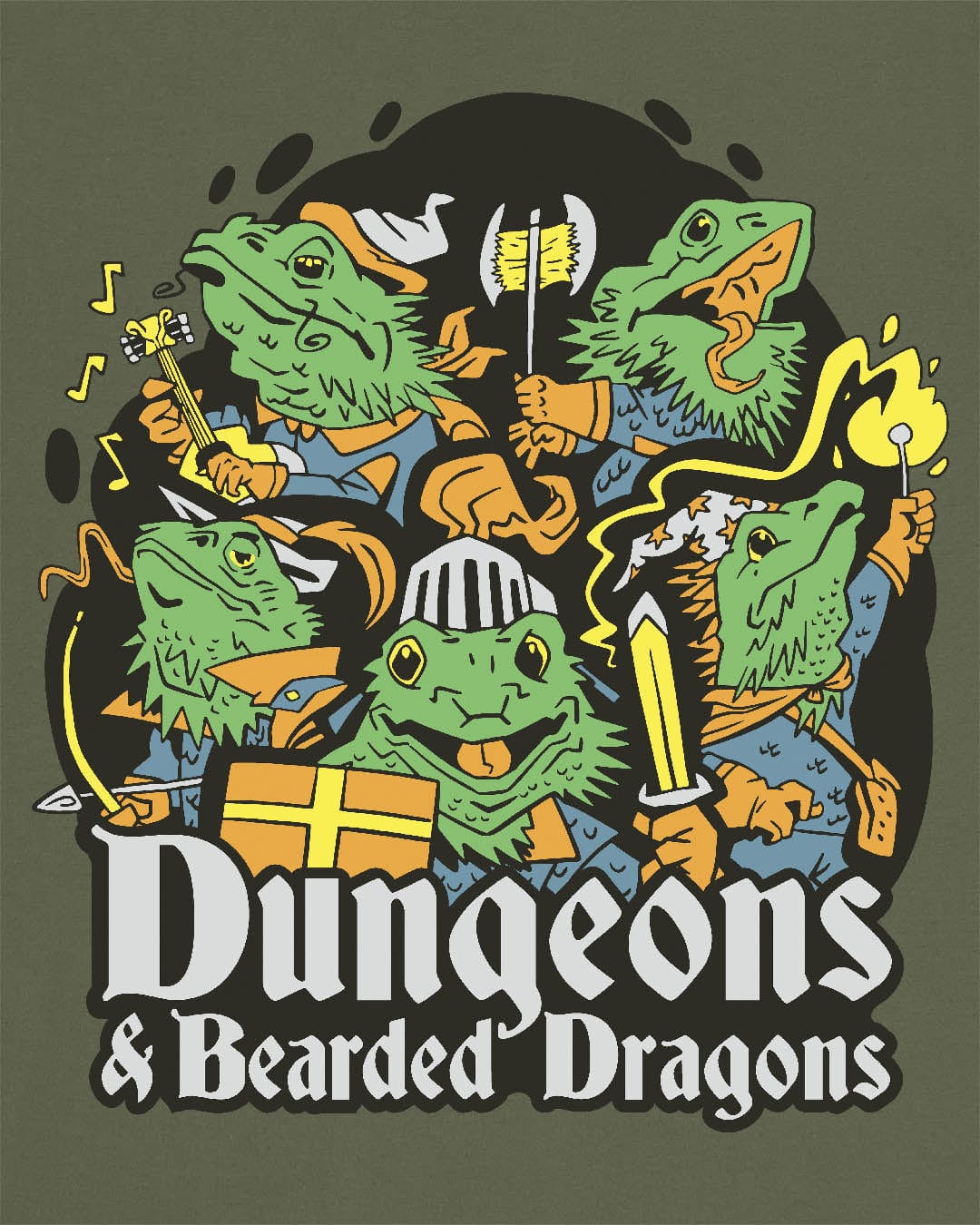 Dungeons & Bearded Dragons shirt in military green featuring cartoon bearded dragons dressed as fantasy adventurers.